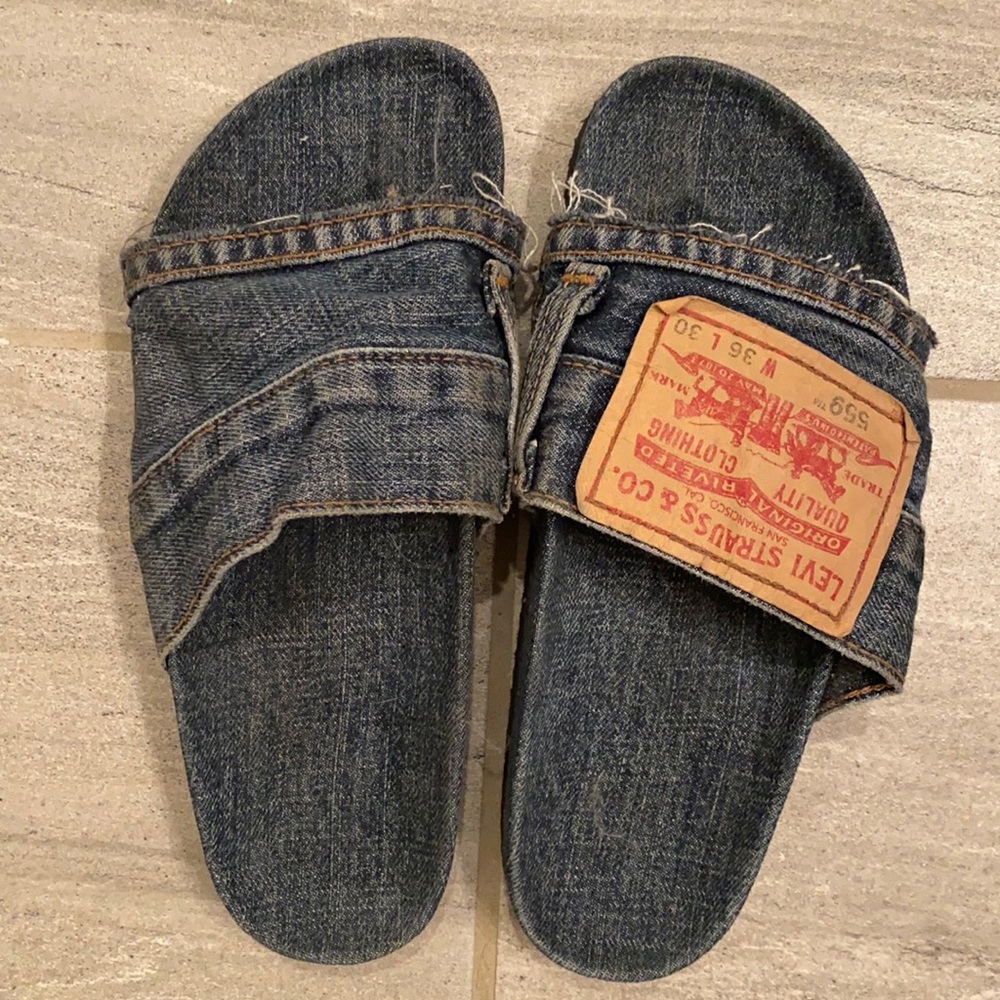 Denim sandal slides